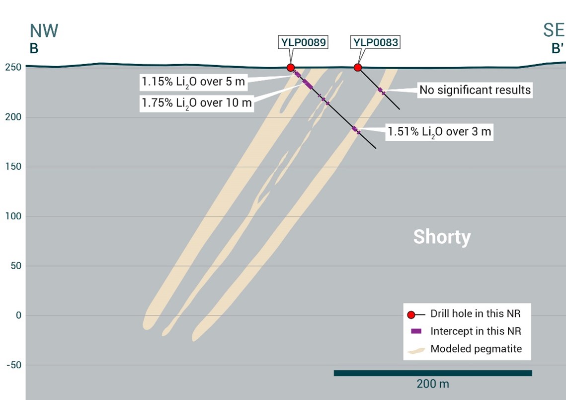 Cross-section of YLP-0089 which intersected the Shorty pegmatite dyke with a 10 m interval of 1.75% Li2O.