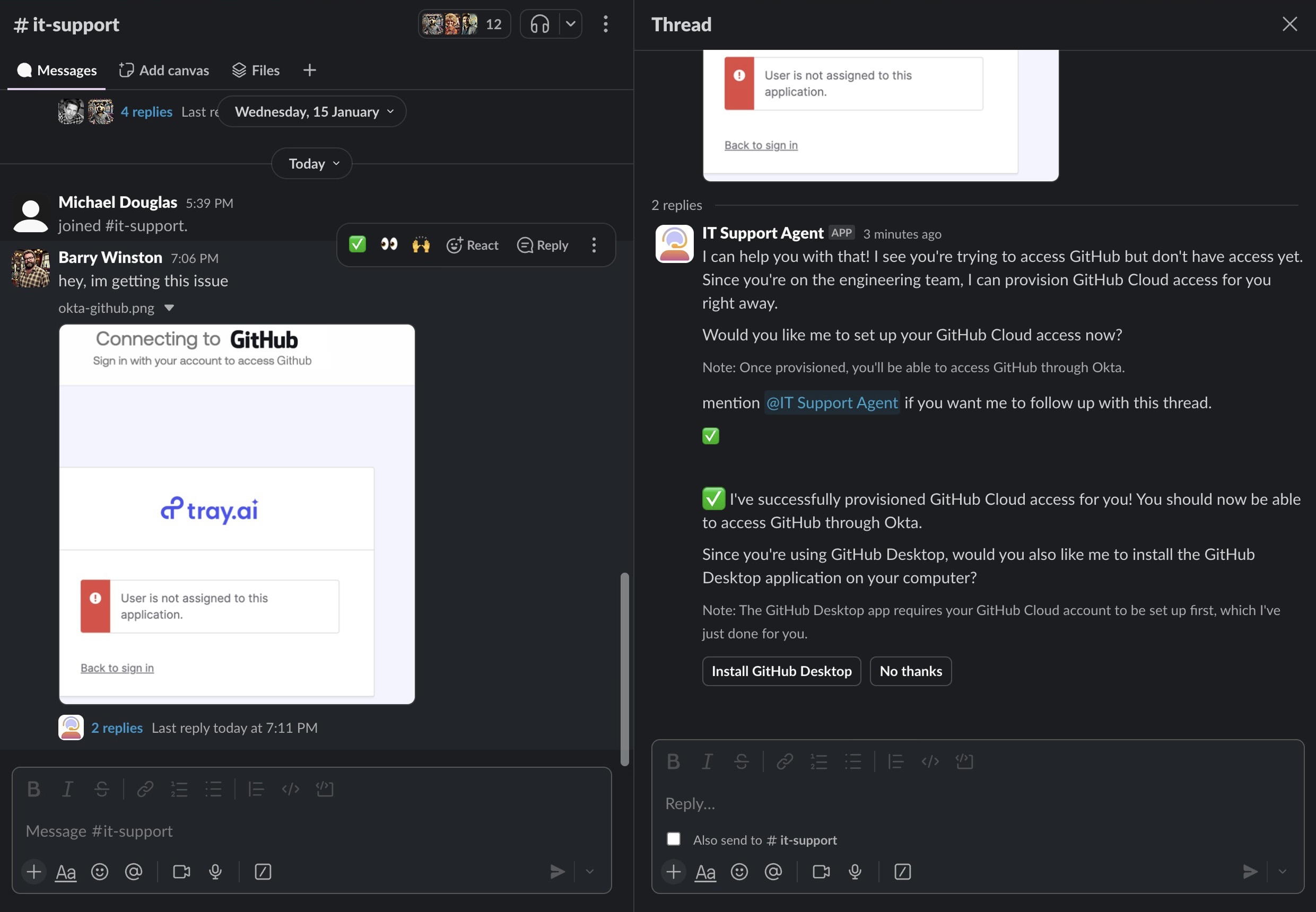 An employee receives instant GitHub access through Okta with help from an IT support agent built on Tray.ai’s Merlin Agent Builder—seamlessly integrated within Slack.