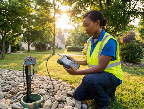 Broadband technician testing outdoor network node using portable equipment