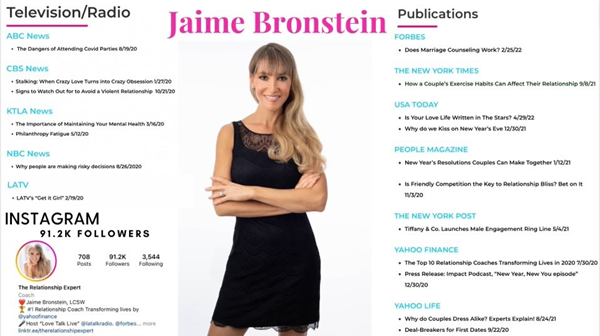 Jaime Bronstein, LCSW, AKA "The Relationship Expert," was named "The #1 Relationship Coach Transforming Lives in 2020" by Yahoo Finance