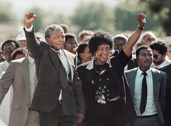 Mandela with a raised fist, moments after his release from prison (after 27 years) on February 11, 1990.
Photograph by Graeme Williams