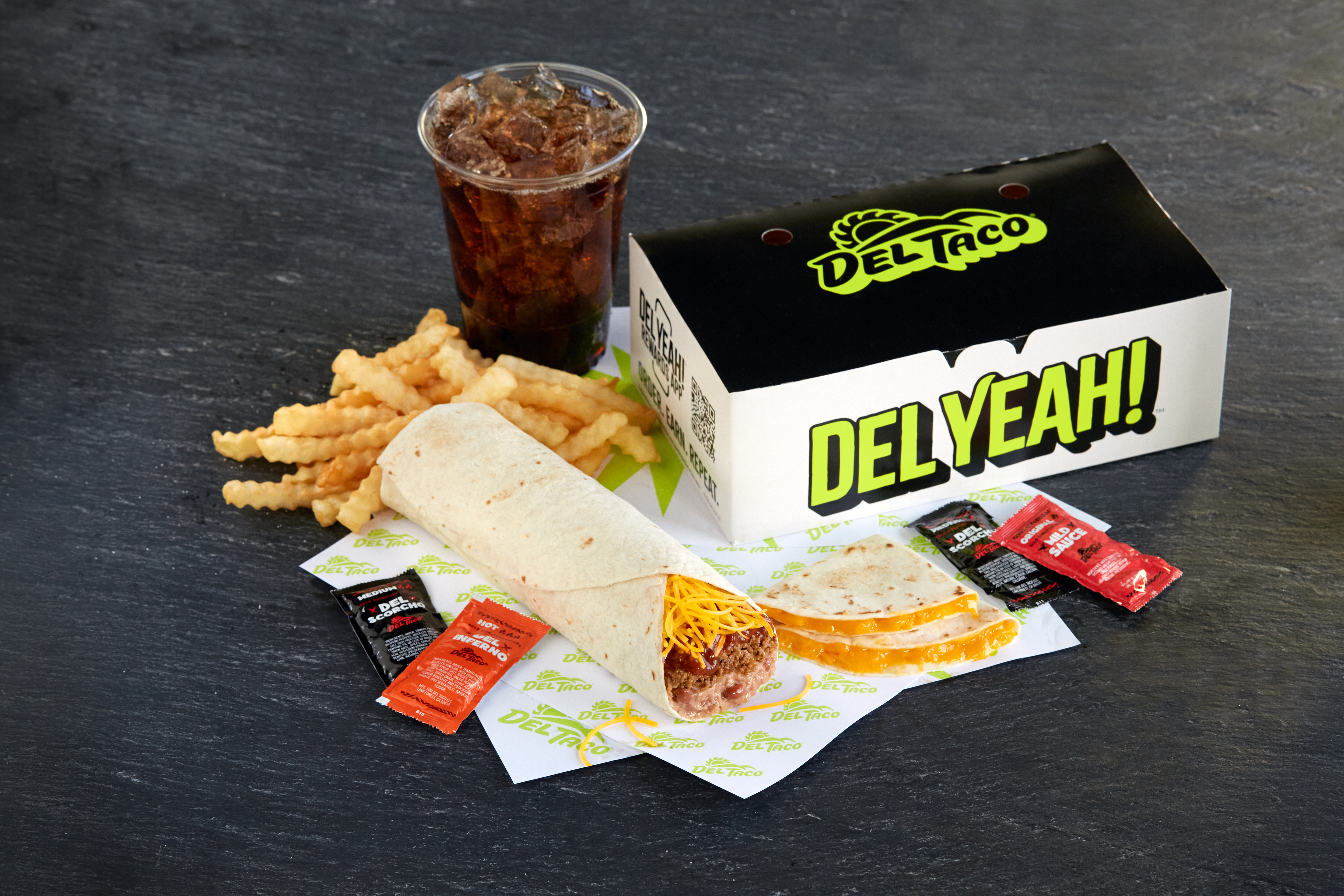 Del Combo™ Beef & Bean Burrito, Mini Quesadilla, value-sized Crinkle Cut Fries and 16 oz Fountain Drink