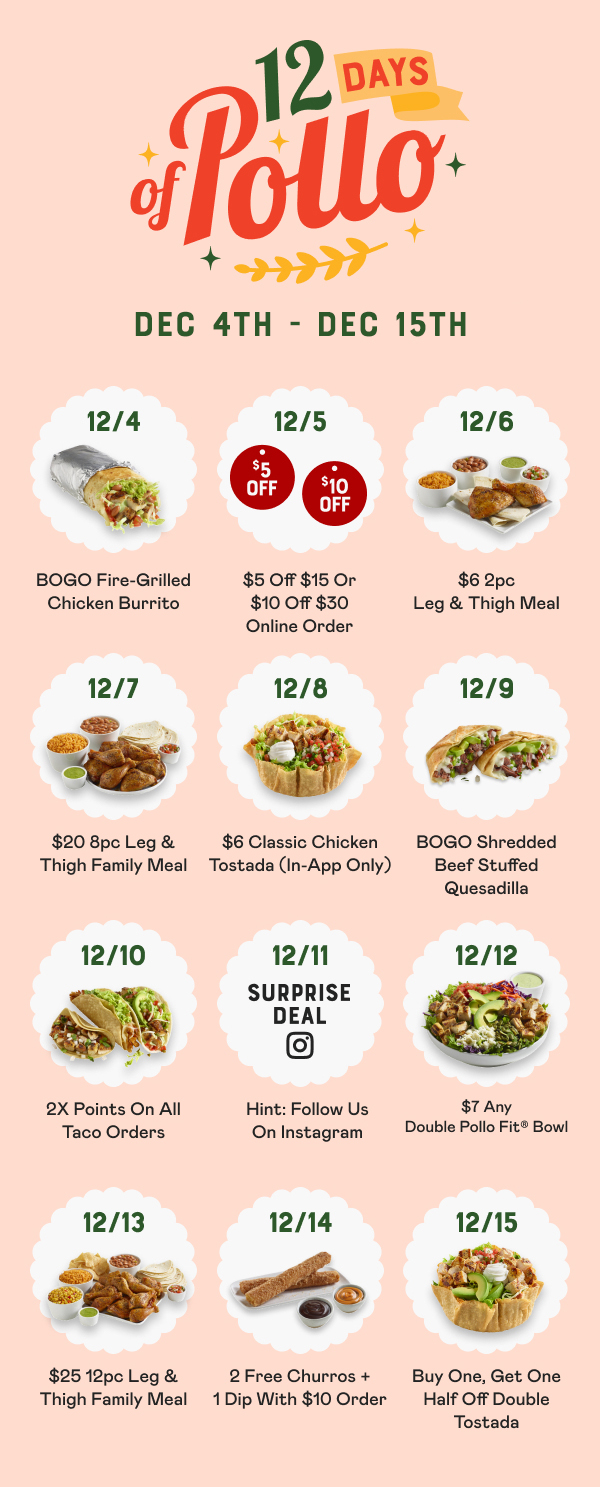 El Pollo Loco is bringing back its 12 Days of Pollo offers from December 4 to December 15.