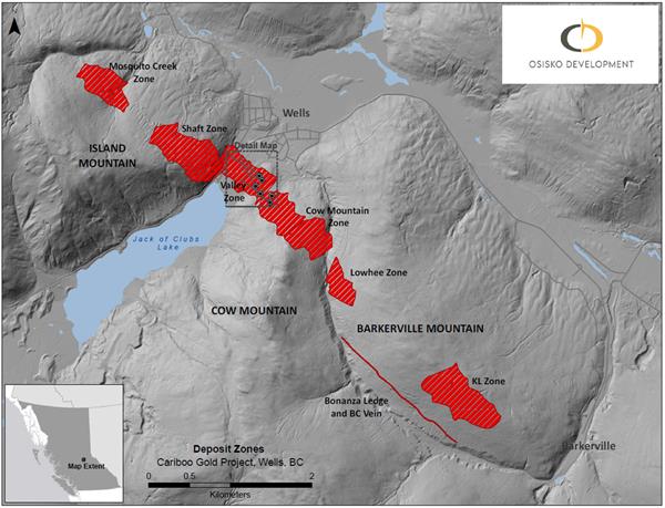 Figure 1: Cariboo deposit areas with drill locations.