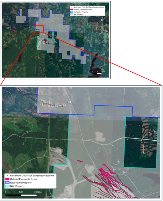 November 2024 Soil Sampling Campaign: A soil sampling survey was completed on the East Vallée Property @ 25 m sample station spacings | No soil anomalies above 100 ppm Li were detected in this area