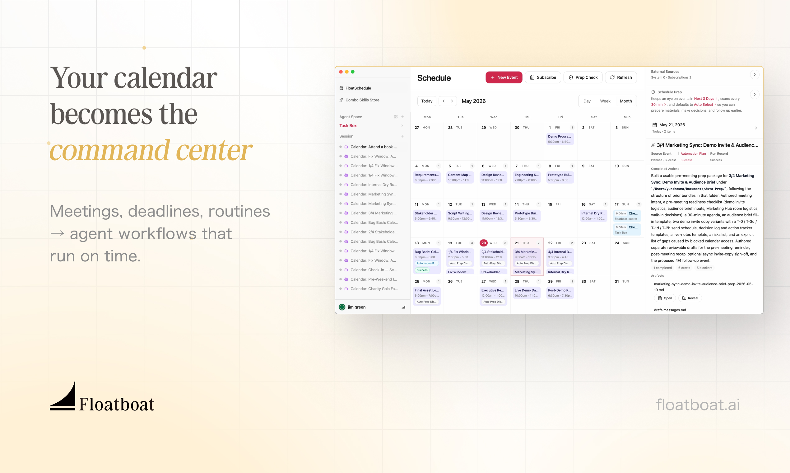 Floatboat agent workspace with calendar-centered automation and multi-model AI support