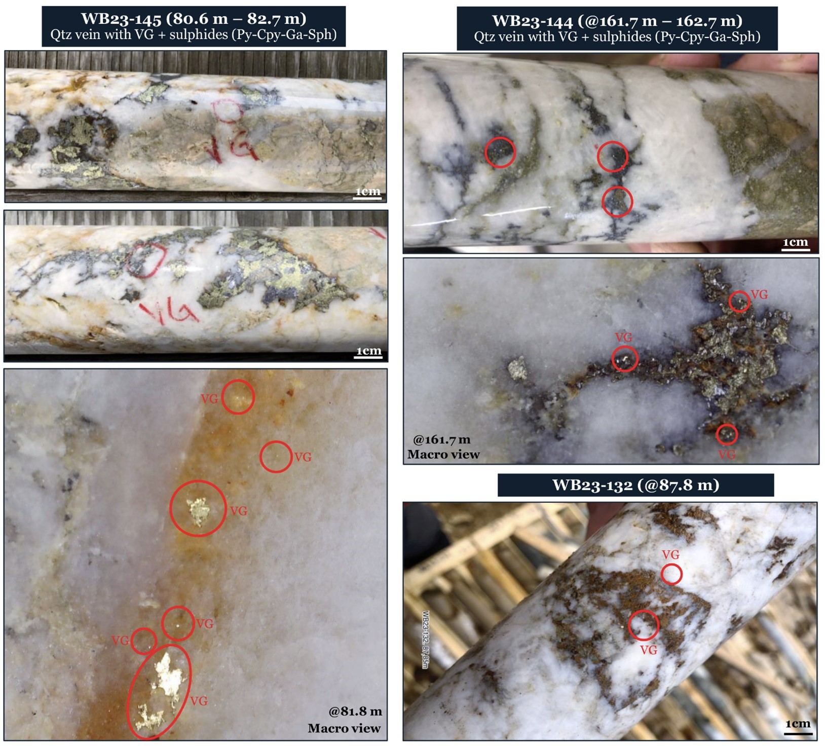Pictures of the mineralized core with VG intersected at the LGZ