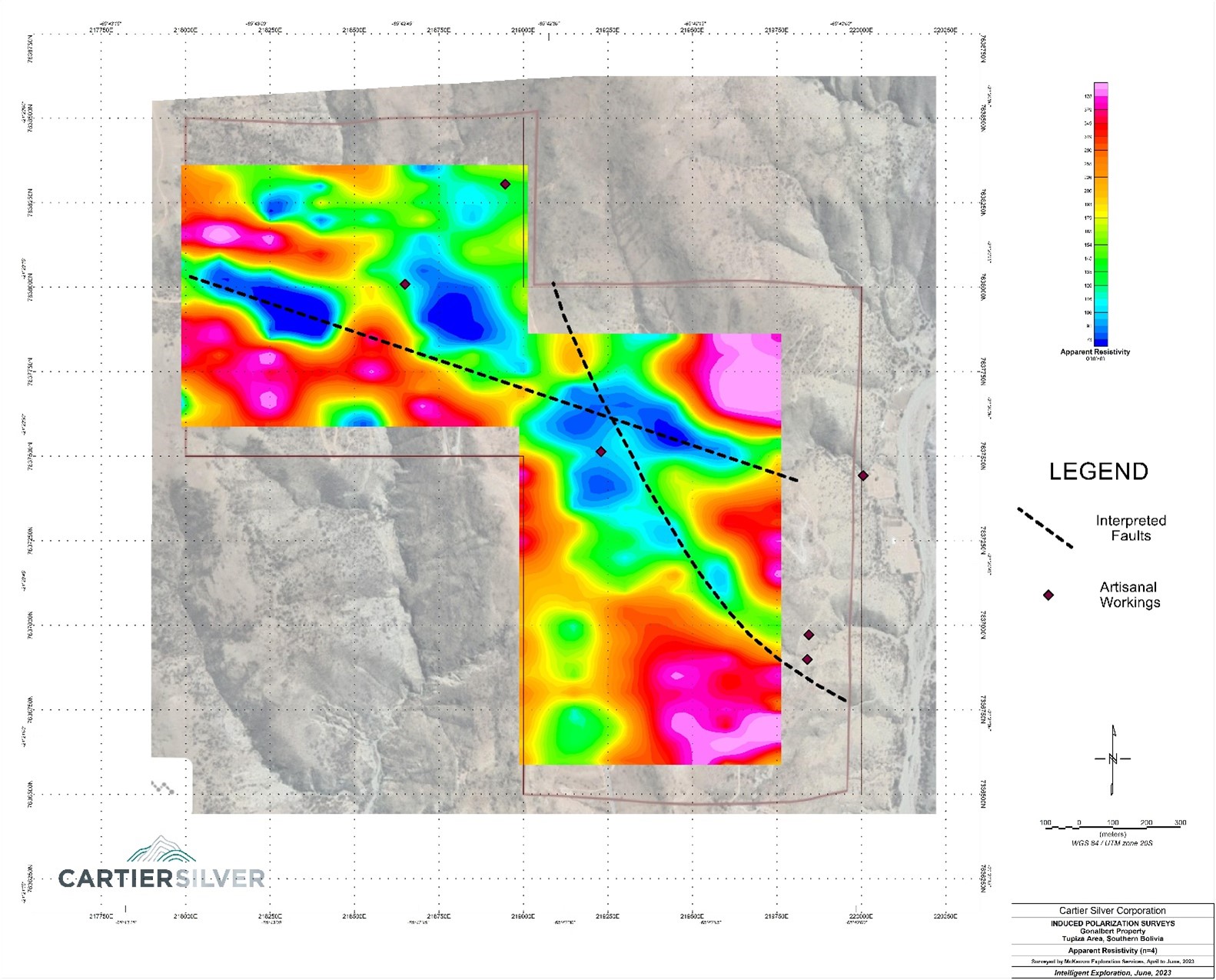 Resistivity Plan Map at N=4, Elevation 100m Below Surface with Additional Coverage in the NW Part of the Gonalbert Property