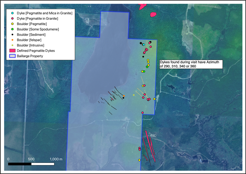 Map shows the Azimuth (orange lines) of Pegmatite Dykes found at the Baillargé Property