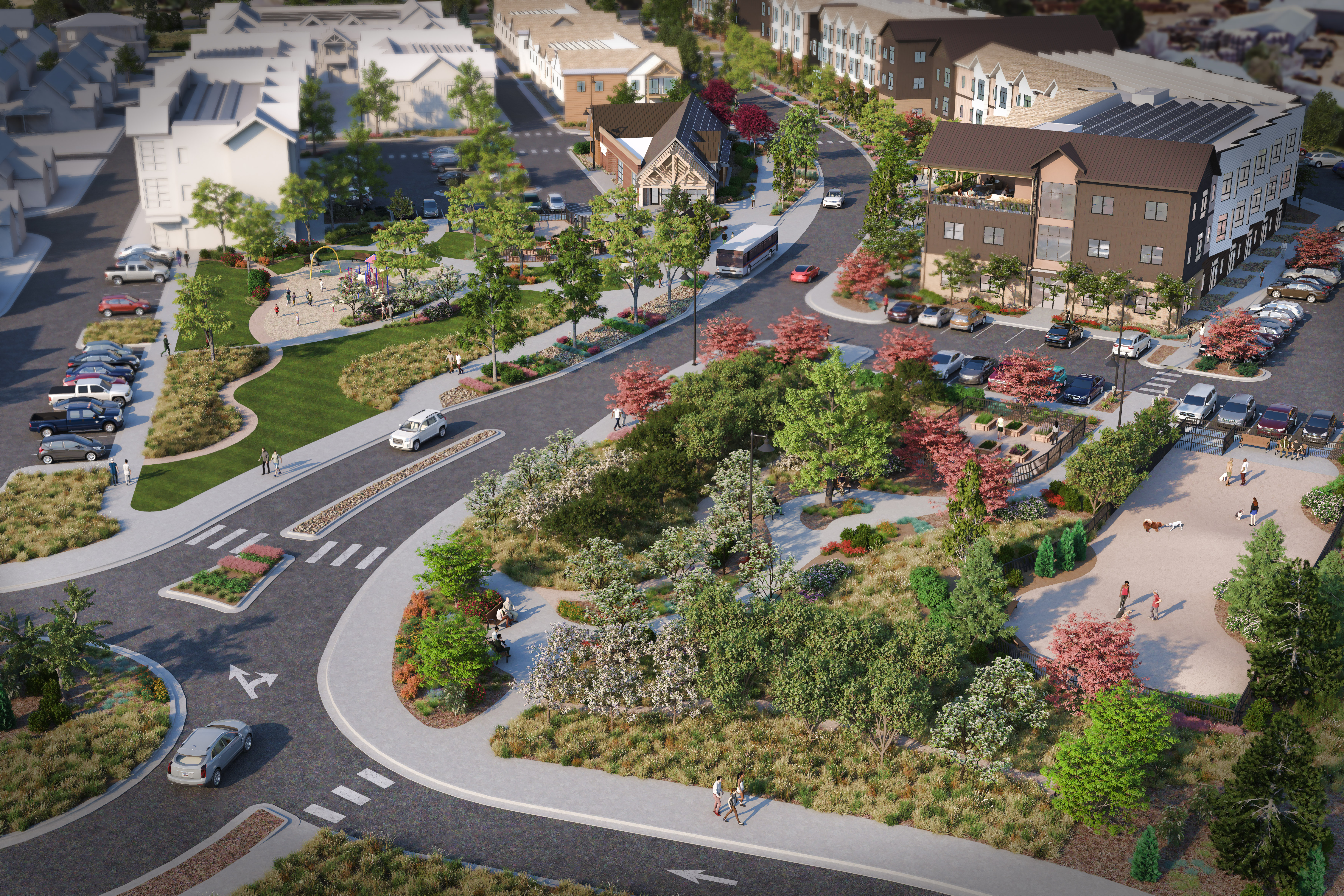 A rendering of the Willoughby Corner development featuring a park and open areas surrounded by housing.