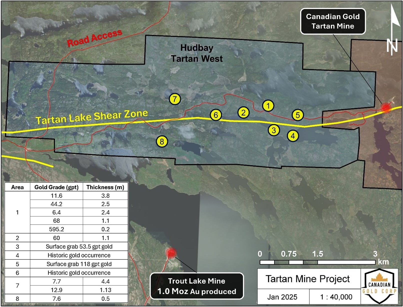 Figure 4.  Location of highlight historic gold occurrences on the Tartan West Property