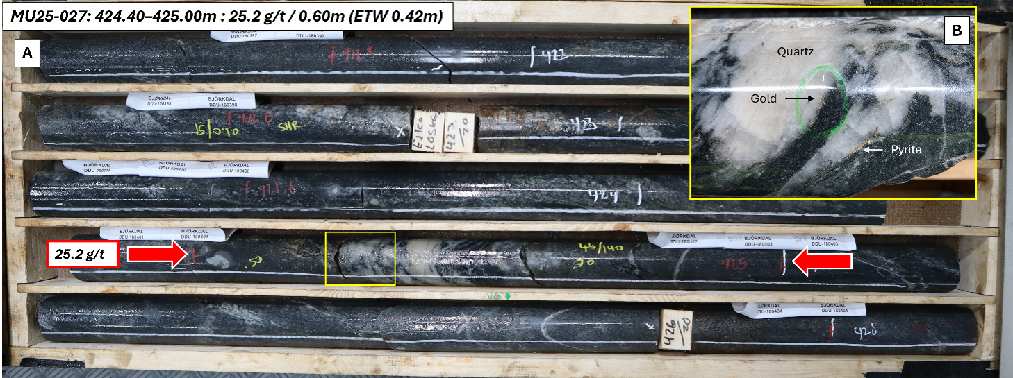 Drill core photos from MU25-027 showing an intercept grading 25.2 g/t gold over 0.60 m (ETW 0.42 m) (A) and a close-up of mineralised quartz vein (B).