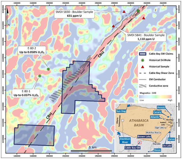 Plan map highlighting the Cable Bay shear zone and EM conductor trends on the Cable Bay SW project along strike from anomalous uranium samples, with first vertical derivative magnetics in the background.