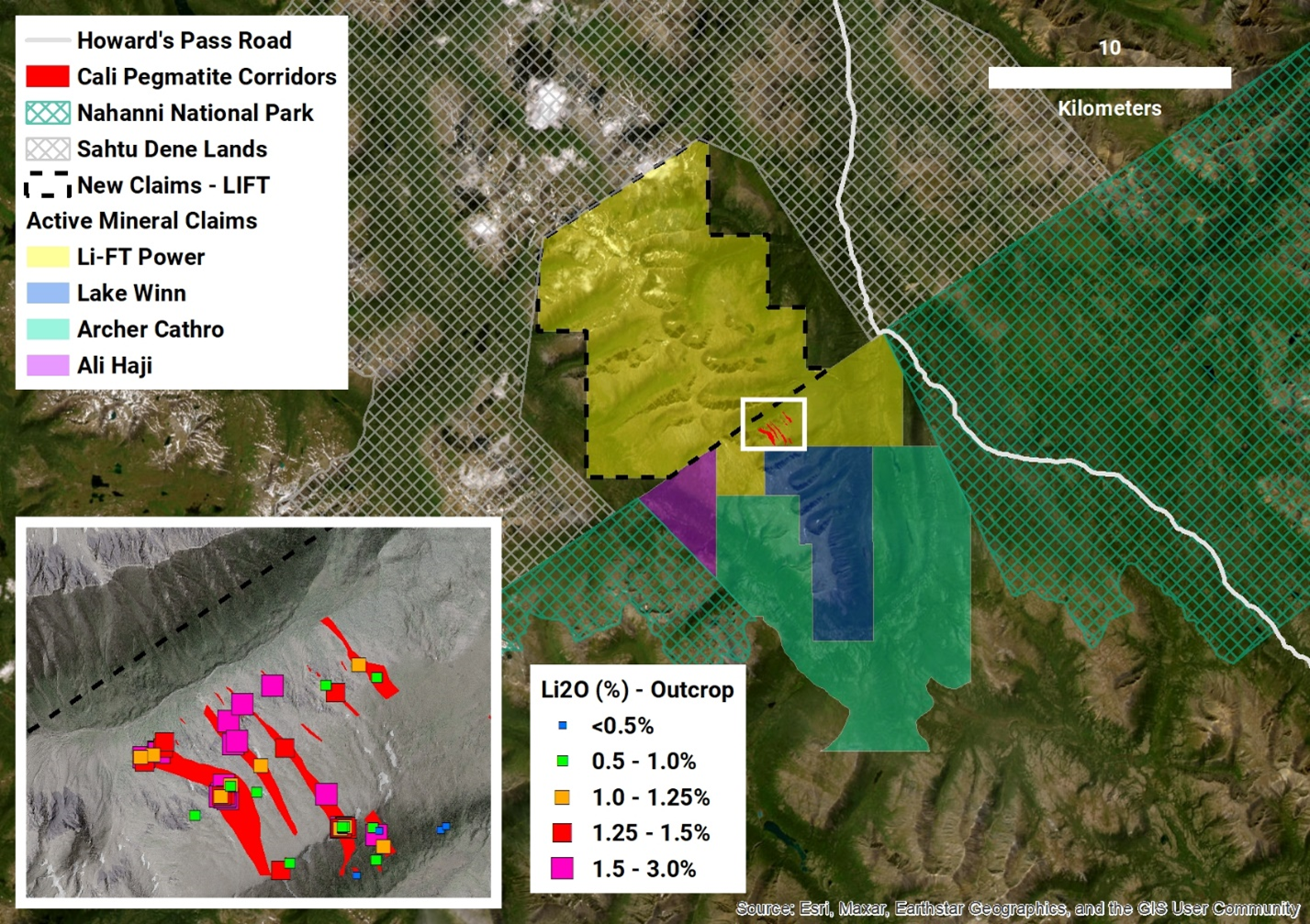 Location of the newly staked claims to the northwest of LIFT’s existing outcropping lithium pegmatites on the Cali Project.