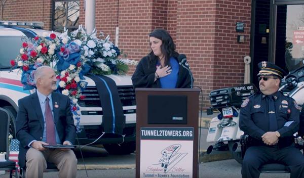 Lauren Spencer, widow of Master Patrol Officer Spencer Bristol, thanked Frank Siller, Chairman and CEO of the Stephen Siller Tunnel to Towers Foundation, after she received the news the Foundation will be taking on her mortgage. 