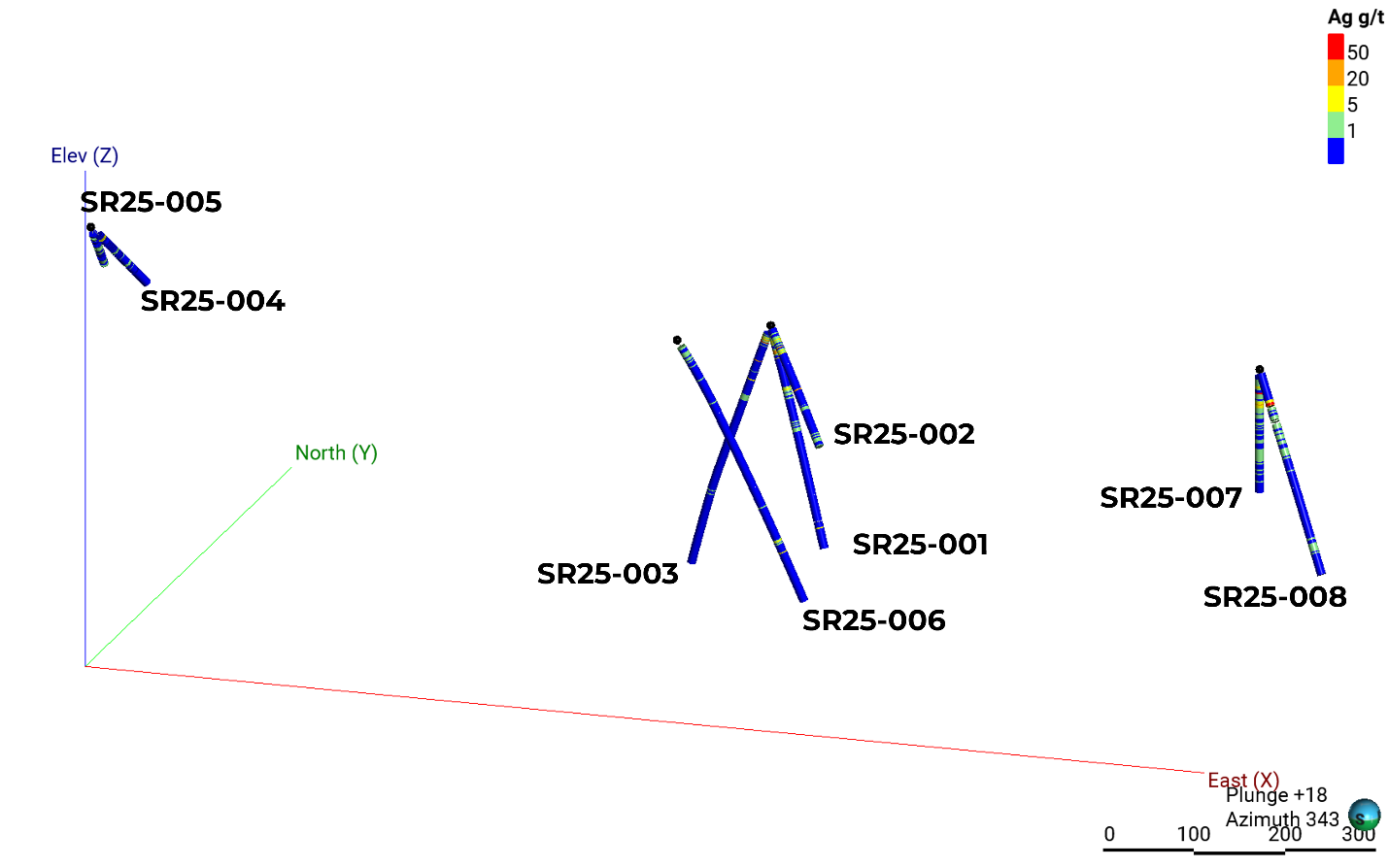 3D visualization of drill holes showing silver and zinc intercepts. 