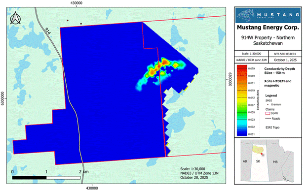 Airborne HTDEM survey over 914W project showing EM responses from conductivity depth slice at 150 m showing a high response along the east-central portion of the 914W block.