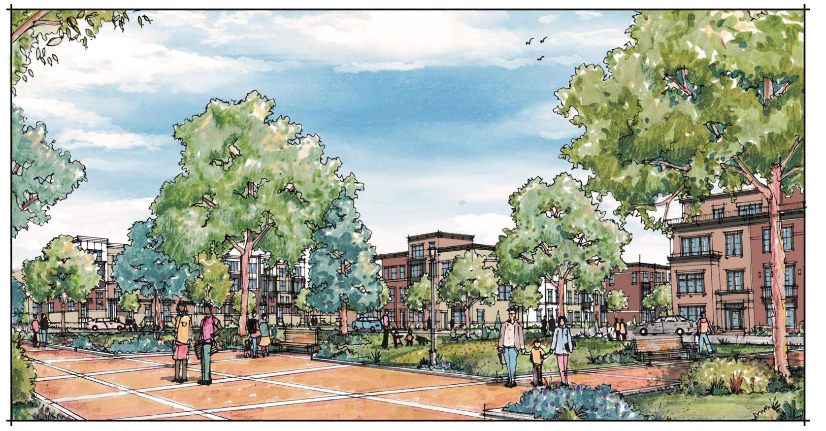 An artist rendering of Mercer Park, part of the proposed Mercer Crossing community