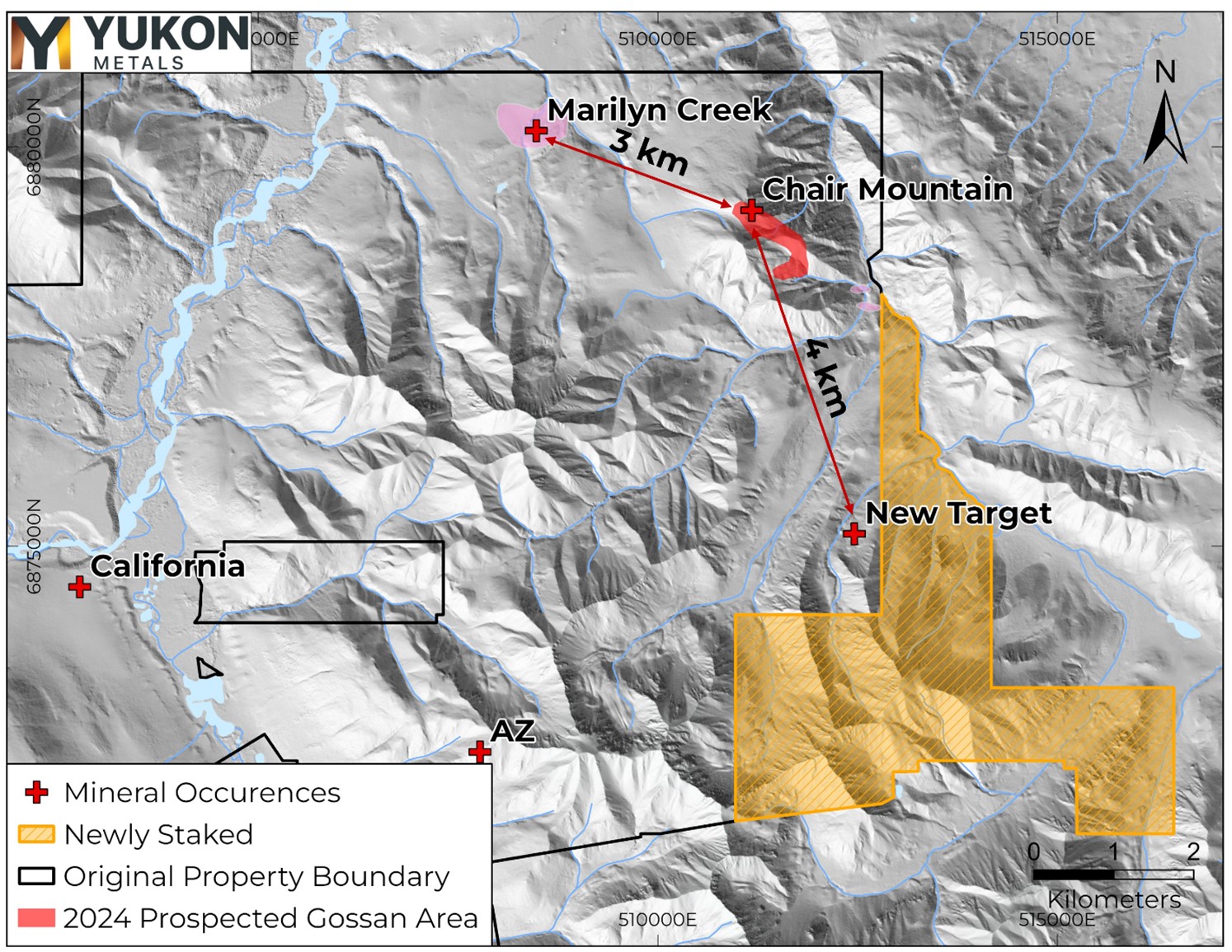 Map showing Chair Mountain drilling location in relation to the new copper target and recently staked claims at AZ. 