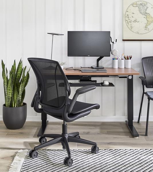 Humanscale Home Workspace featuring World One task chair, 6G Keyboard System, M8.1 monitor arm, Horizon 2.0 task light, and Float height adjustable desk. 