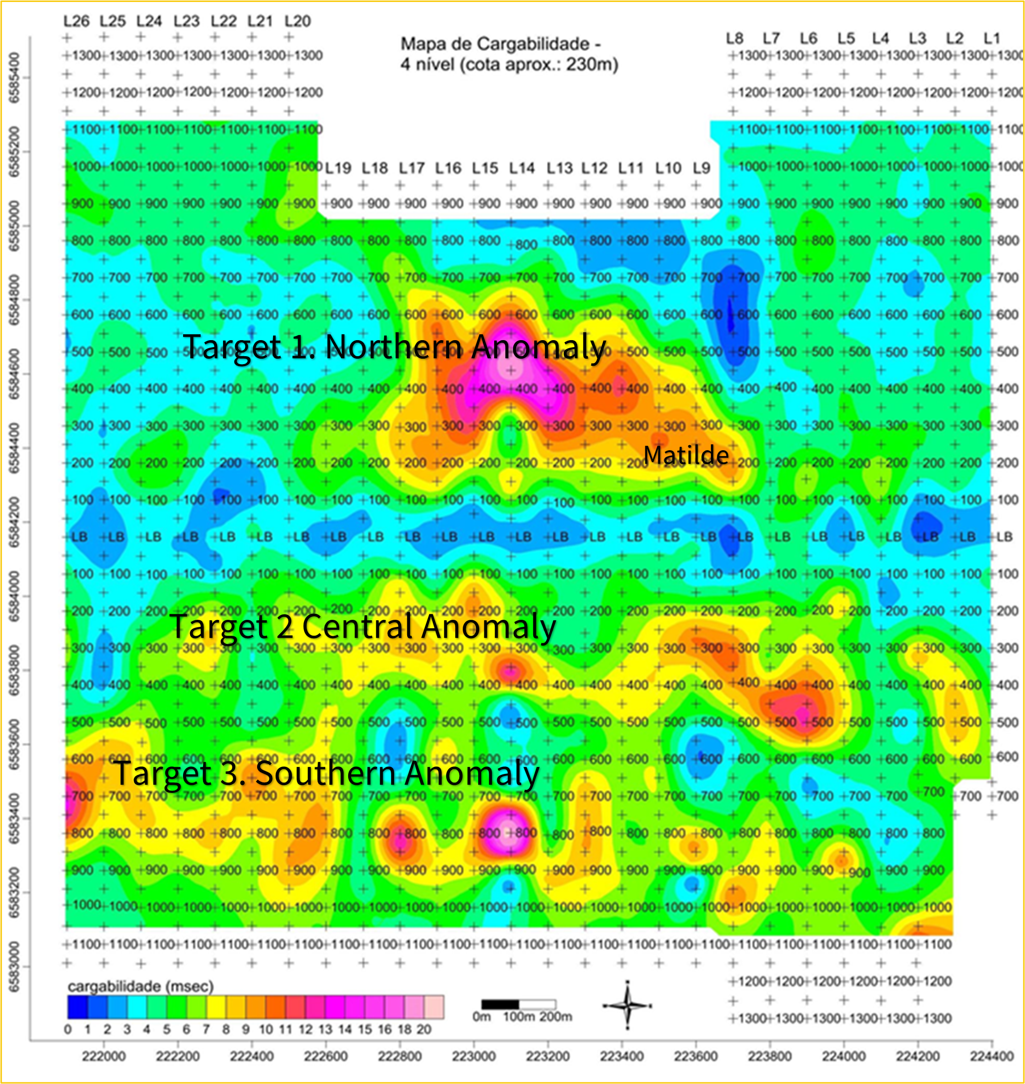 FIGURE 5: PLAN VIEW OF CHARGEABILITY ANOMALIES AT MATILDE AT 230 M LEVEL