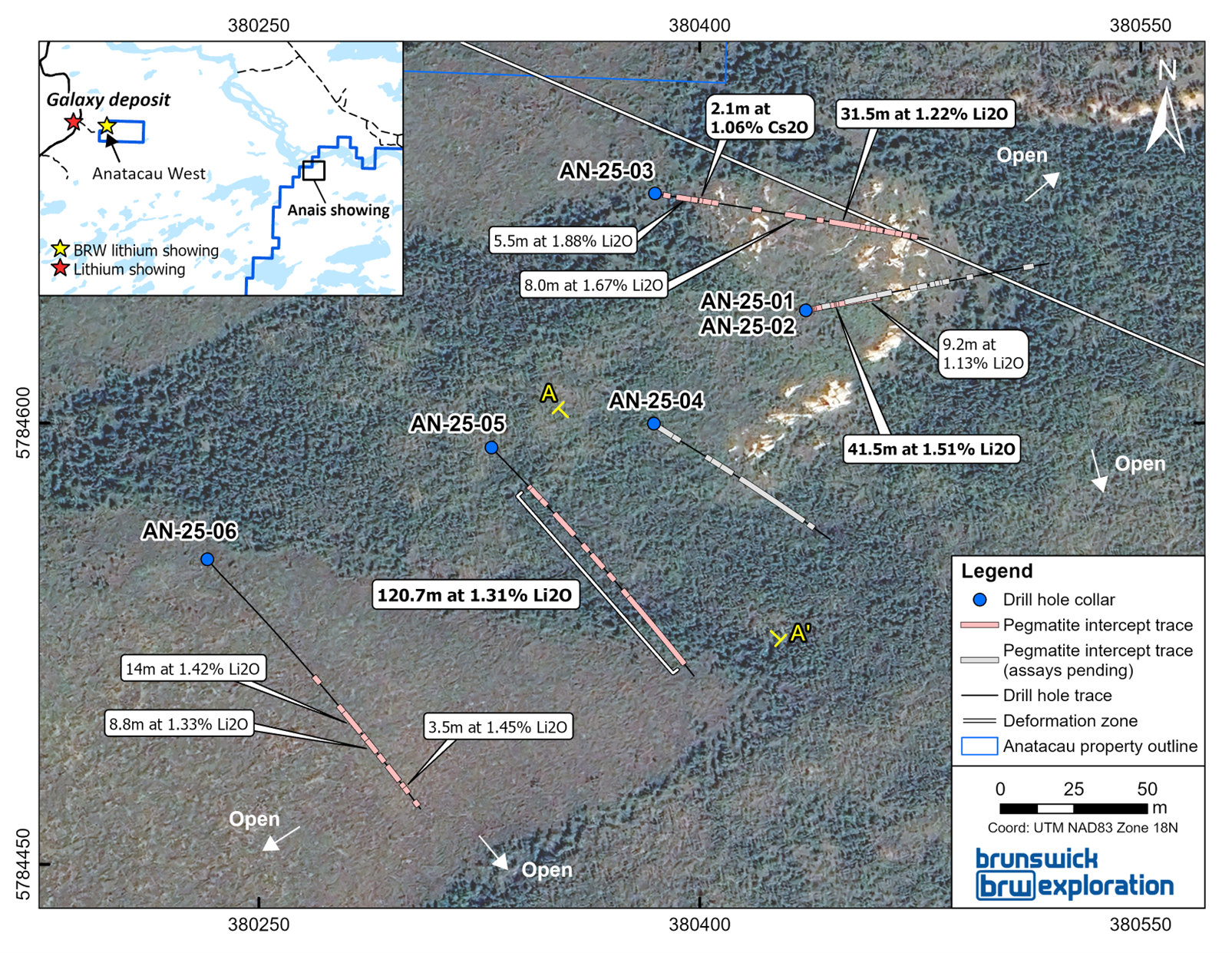 Surface Map of the Anatacau Main Project and Drill Holes Completed to Date