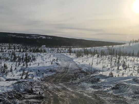 : Segment of winter road extending from the Trans-Taiga Road to the drill area at CV5