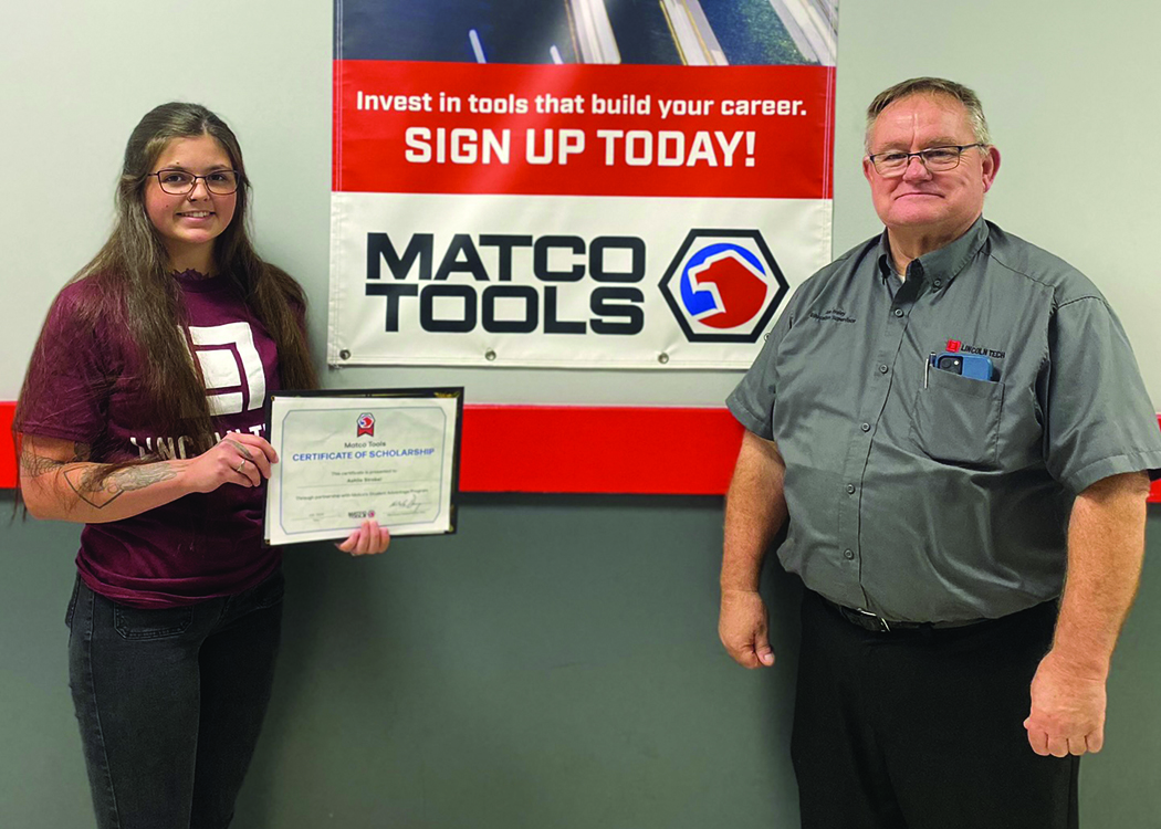 Lincoln Tech student Ashlie Strobel of the Grand Prairie, TX campus is joined by Matco's Doyle Estoll as he presents her with a Matco Scholarship.