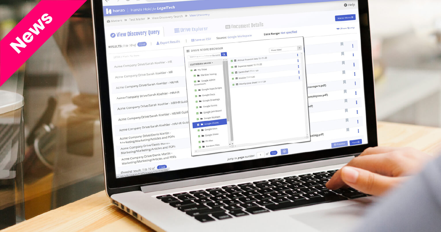 Hanzo announces at #Legalweek21 the beta release of Hanzo Hold for Google Workspace #gsuite. This purpose-built ediscovery solution gives visibility and granular control over the collection, preservation, early case assessment (ECA), and easy export of that data in a review-ready format for enterprises.