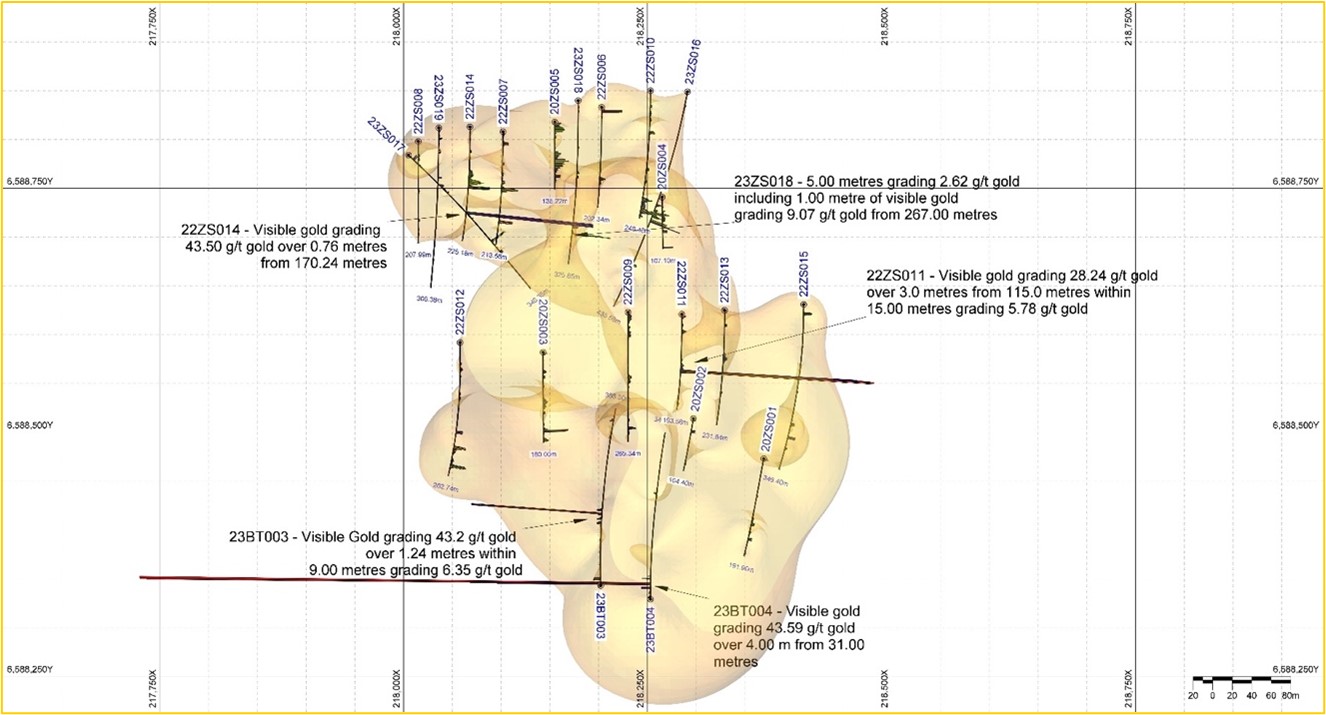 Location of drill holes for Zeca Souza Discovery in plan view highlighting five intercepts of visible gold in drill holes.