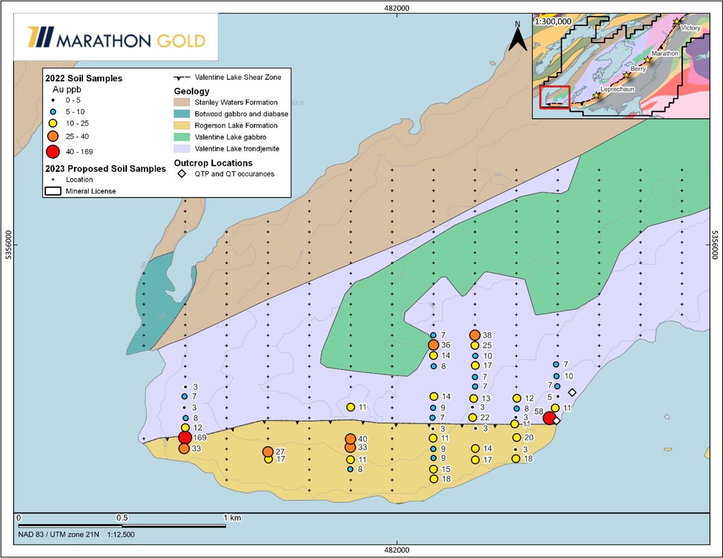 Gold geochemical anomalies in soil samples, 2022 sampling, Western Peninsula Prospecting Area, Valentine Gold Project.