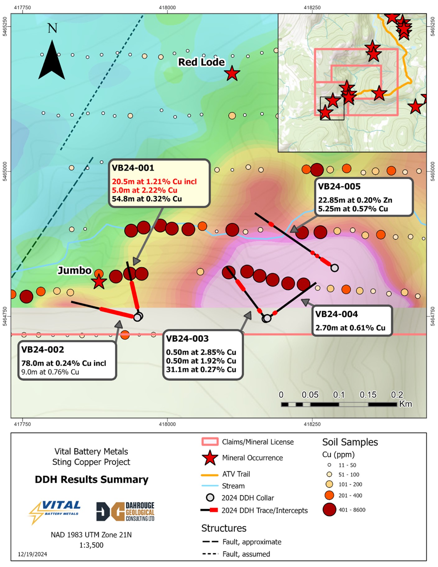 Sting Copper Project drilling results overview. Chargeability results at 100m depth from this year's IP survey are shown in the background.