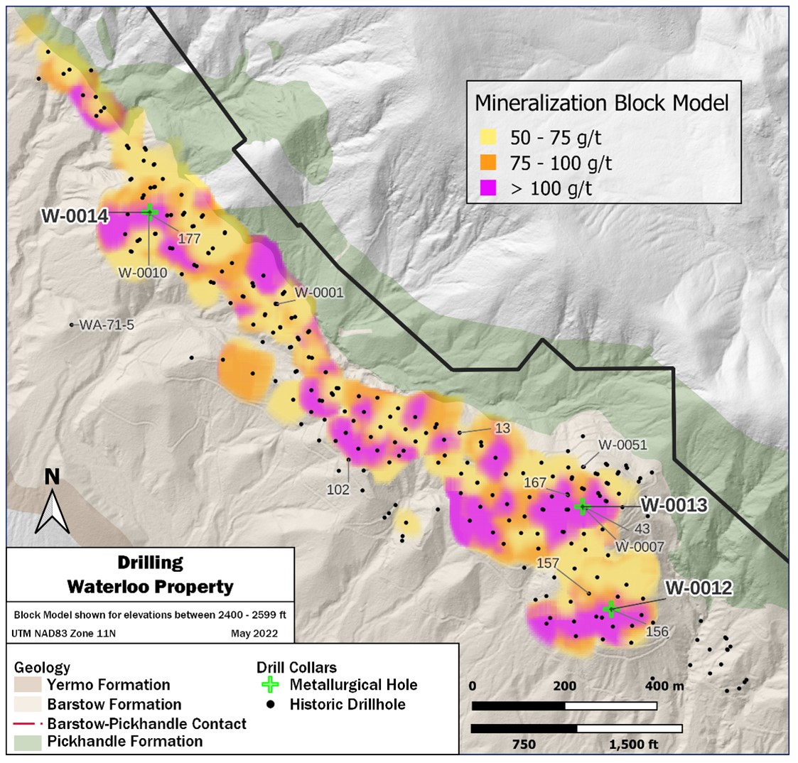 Map illustrating location of metallurgical test holes relative to historic drilling. Select historic holes labeled  for reference.