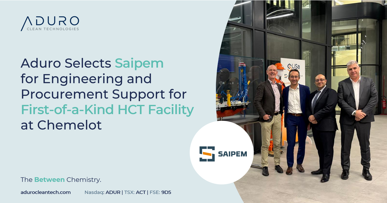 Aduro Selects Saipem for Engineering and Procurement Support for First-of-a-Kind HCT Facility at Chemelot