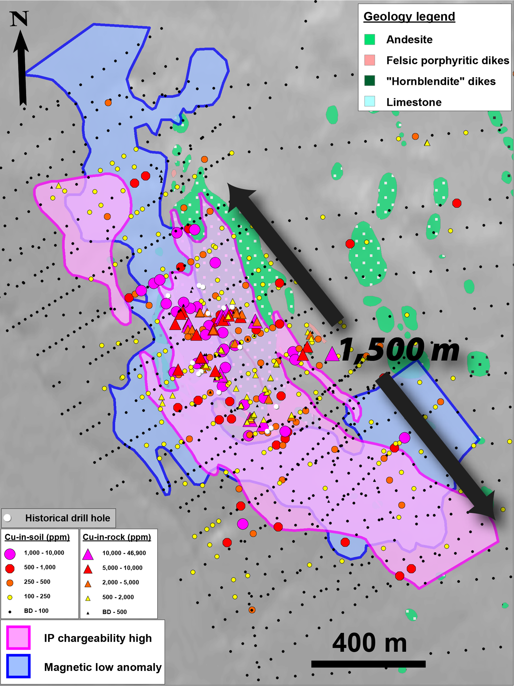 Compilation map of primary target on the Kaza Claims, showing geophysical anomalies in relation to geochemical sampling results and mapped geology.