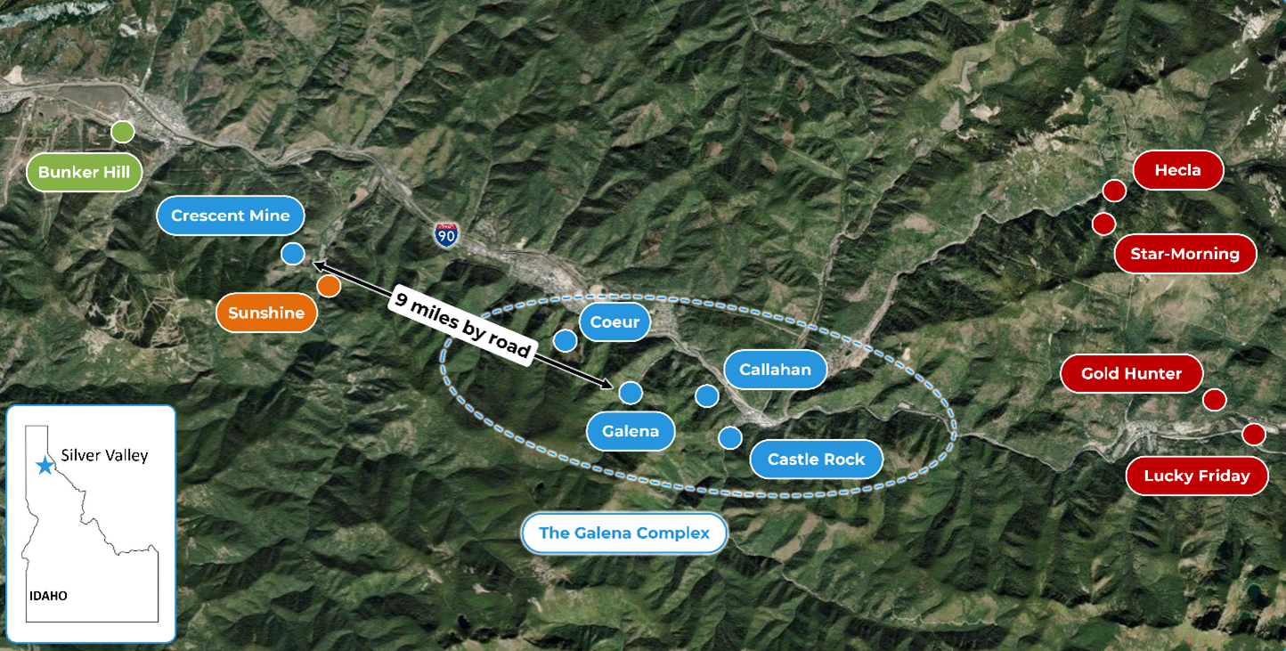 Location of the Crescent Mine in relation to the Galena Complex and other selected projects in Idaho's Silver Valley