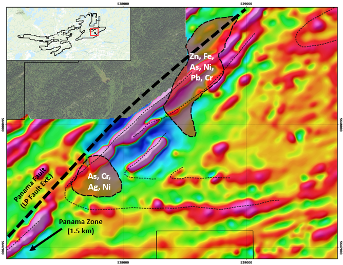 Map showing the recently completed enzyme leach soil survey anomalies within a folded region along the Panama North Fault Trend, 1.5 km northeast of the gold-bearing (e.g., 1.58 g/t over 7.6 m, and 13.33 g/t Au grab sample) Panama Zone, highlighting an excellent target for future work.