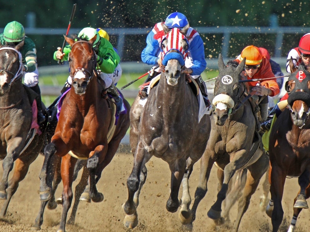 Two-year-old Uncle Sam (red & white stripes), under Rafael Bejarano, breaks his maiden at Santa Anita Park in Arcadia, CA. 

Photo credit: Shutterstock: Royalty-free stock photo ID: 67917562