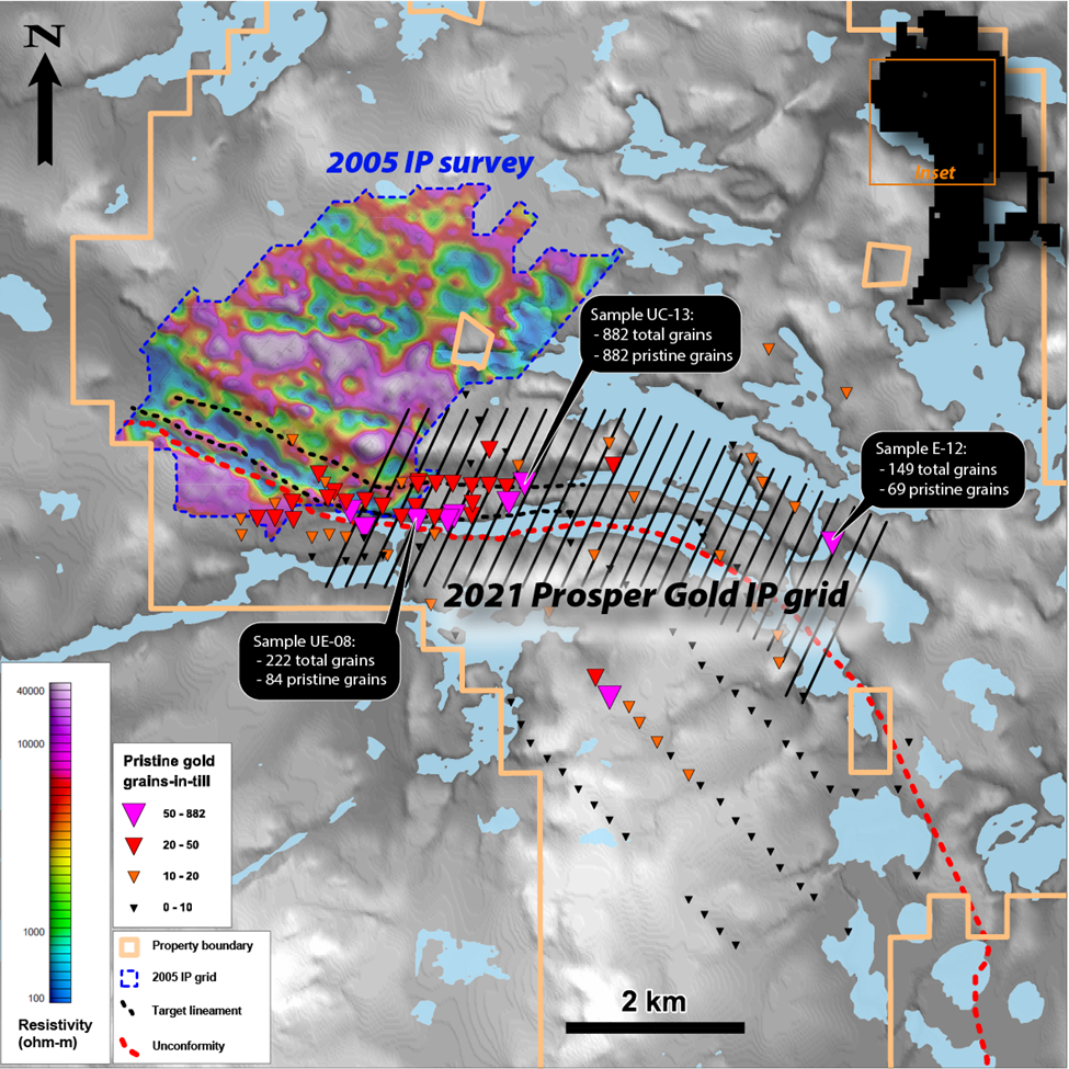 Map showing 2021 planned Induced Polarization survey grid and 2020 till highlights.