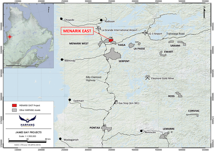 Figure 1. Location map of Harfang’s projects in Eeyou Istchee James Bay, Québec, highlighting Menarik East.