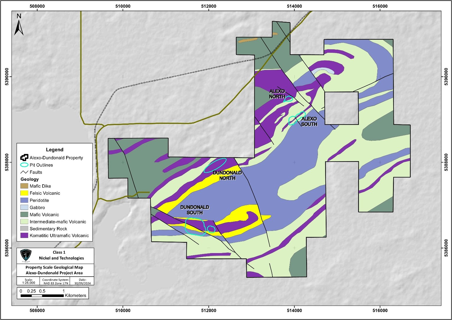 Alexo-Dundonald Nickel Sulphide Project showing the location of the 4 nickel deposits with an oval over the area of the Dundonald North Deposit and optimized pit shell outlines for Alexo North, Alexo South and Dundonald South deposits, all overlain on the generalized geology of the Project (Caracle, 2025).