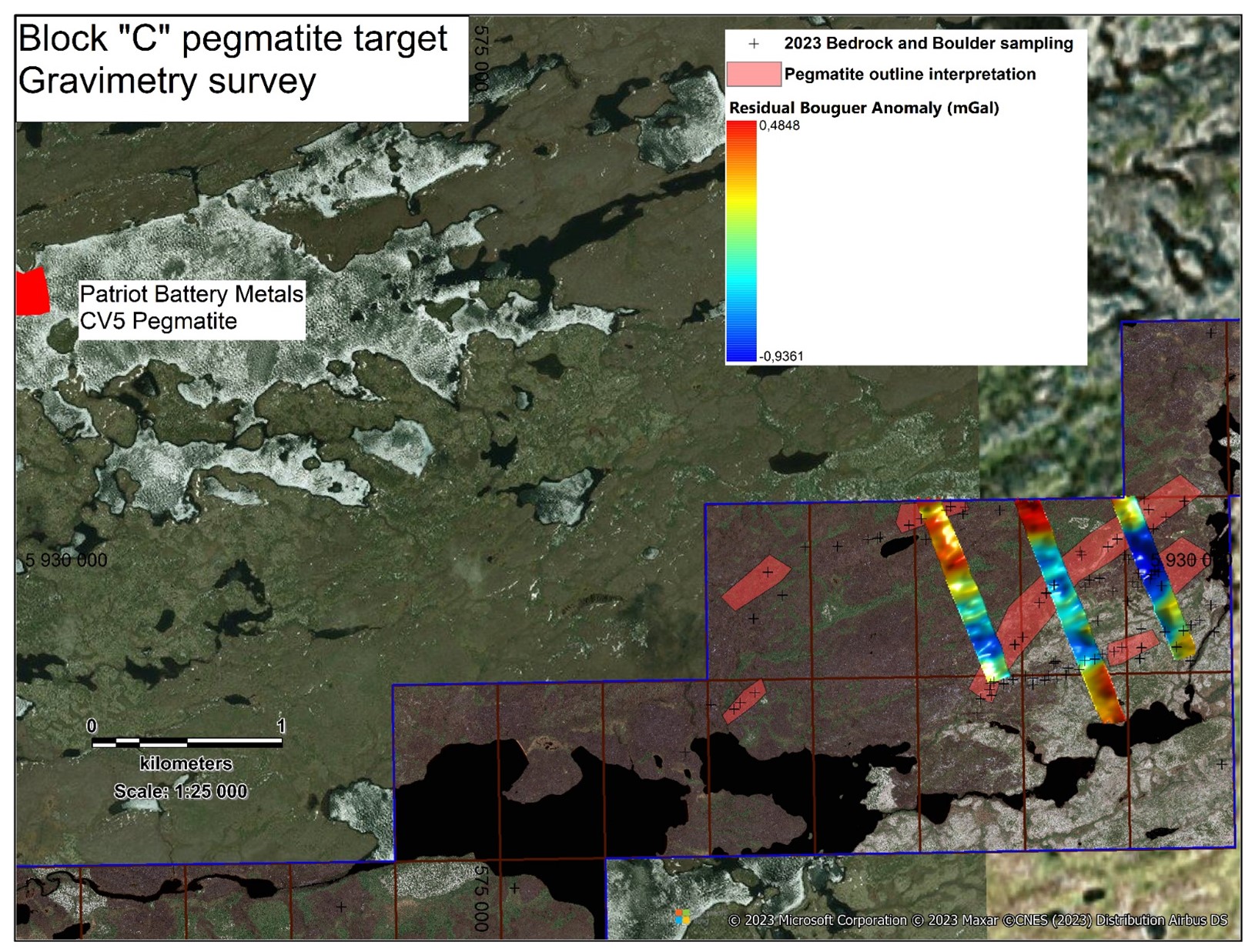 Gravity signature compared on pegmatite mapping. CV5 pegmatite outline interpreted from https: //patriotbatterymetals.com