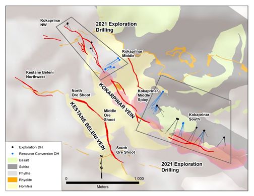 Geological map of the Efemcukuru mine area showing traces of exploration and resource conversion drillholes completed in 2021 at the Kokarpinar vein system.