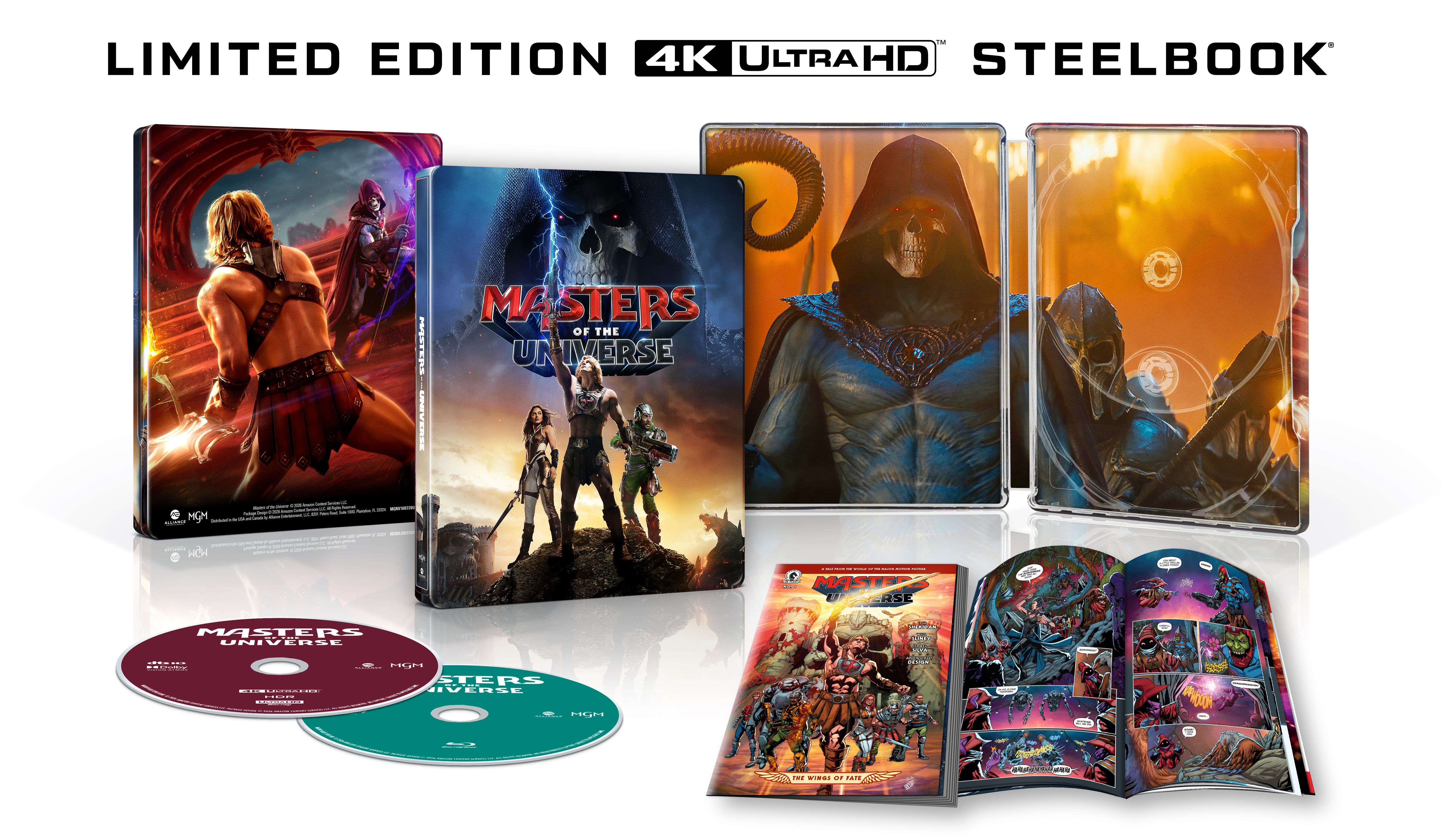 Front, back, interior, and contents of the Masters of the Universe Amazon Exclusive Limited Edition 4K Ultra HD SteelBook®. 