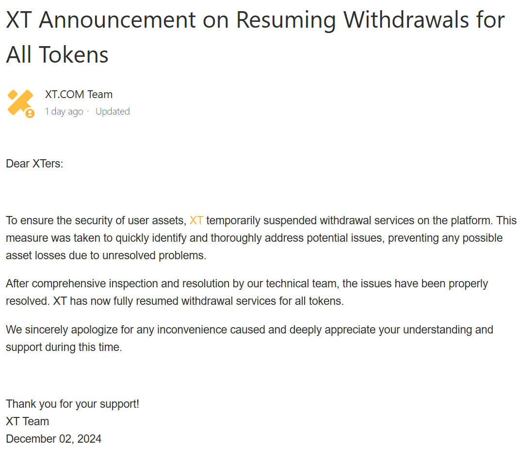 XT Announcement on Resuming Withdrawals for