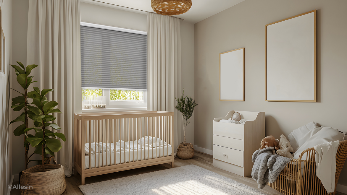 Allessin Motorized Shades featuring a cordless design, ideal for a nursery