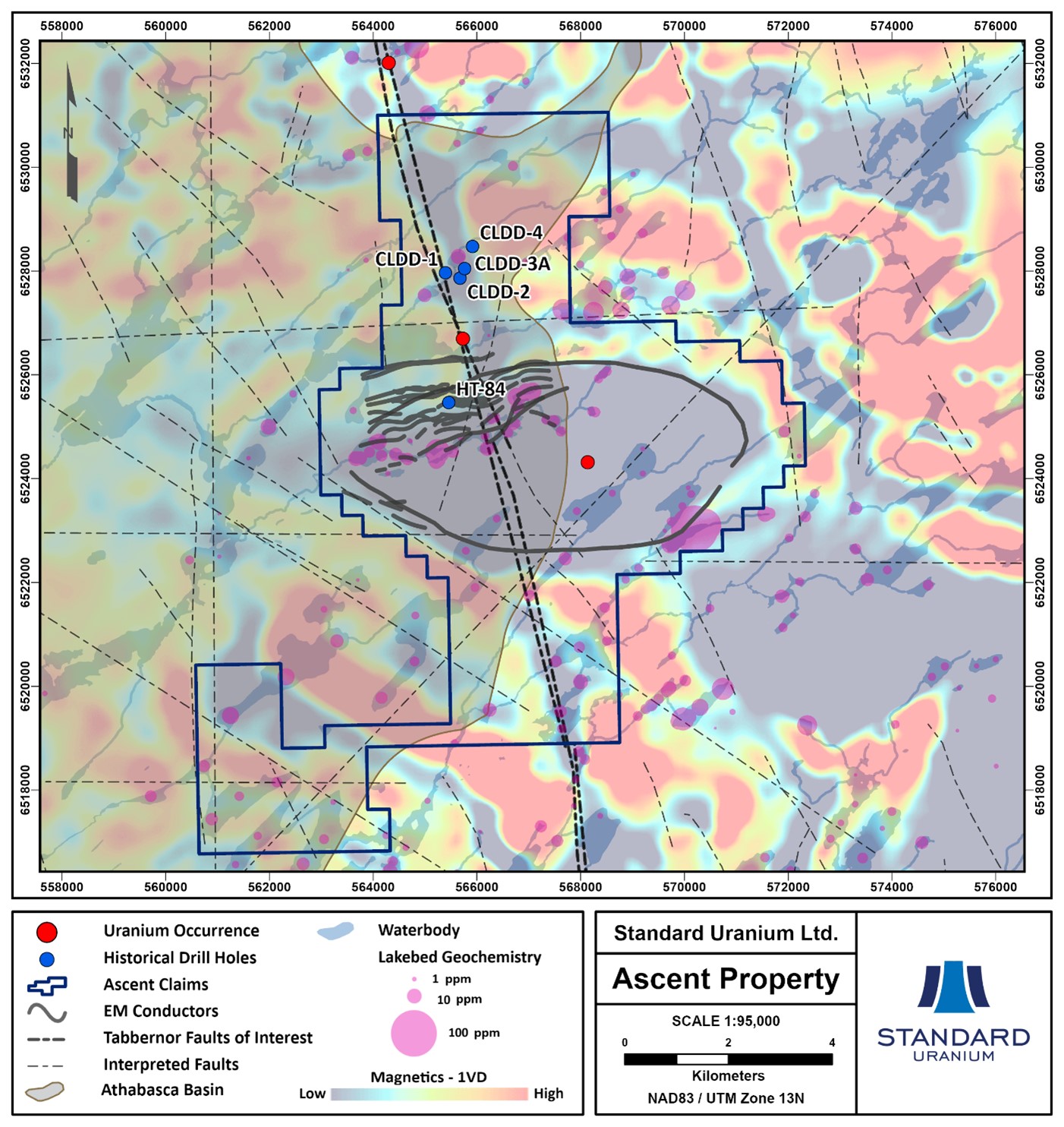 Plan map highlighting major structural zones and EM conductor trends on the expanded Ascent project, with first vertical derivative magnetics in the background.