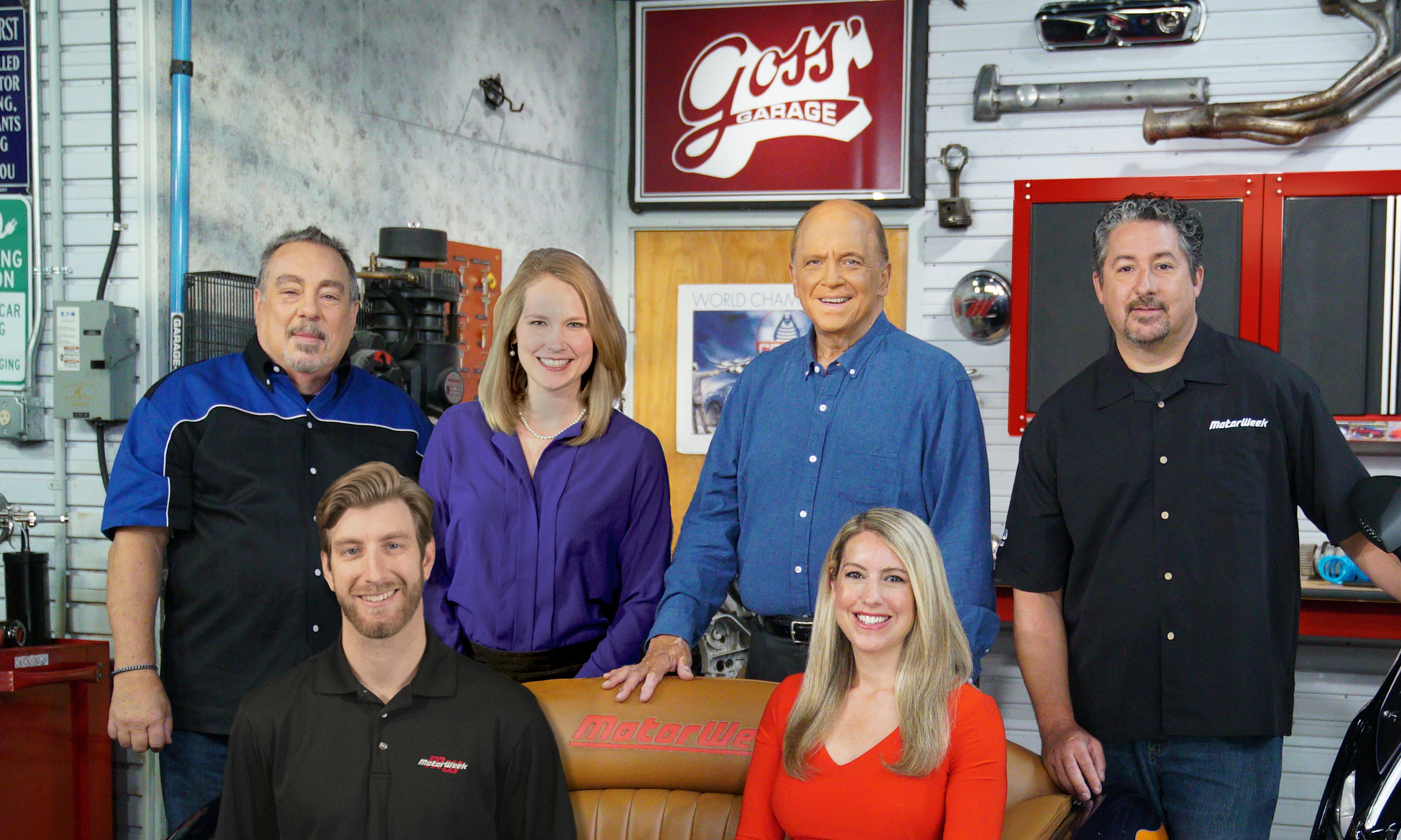 The Motorweek team, standing left to right: Pat Goss, Lauren Morrison, John Davis, Brian Robinson; seated left to right: Greg Carloss, Stephanie Hart.