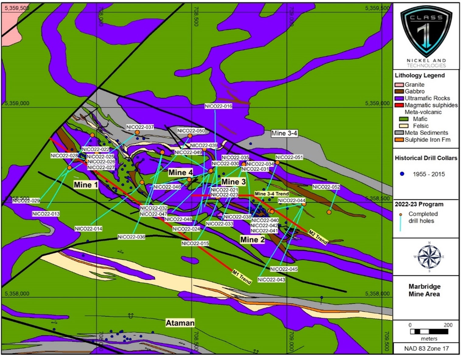 Location of drill hole collars and traces from the 2022 Phase 1 drilling program with generalized geology of the Marbridge Ni-Cu Mine area and the La Motte Ultramafic Complex (bedrock geology from Adair, 2016 Rapport de Travaux 2016).