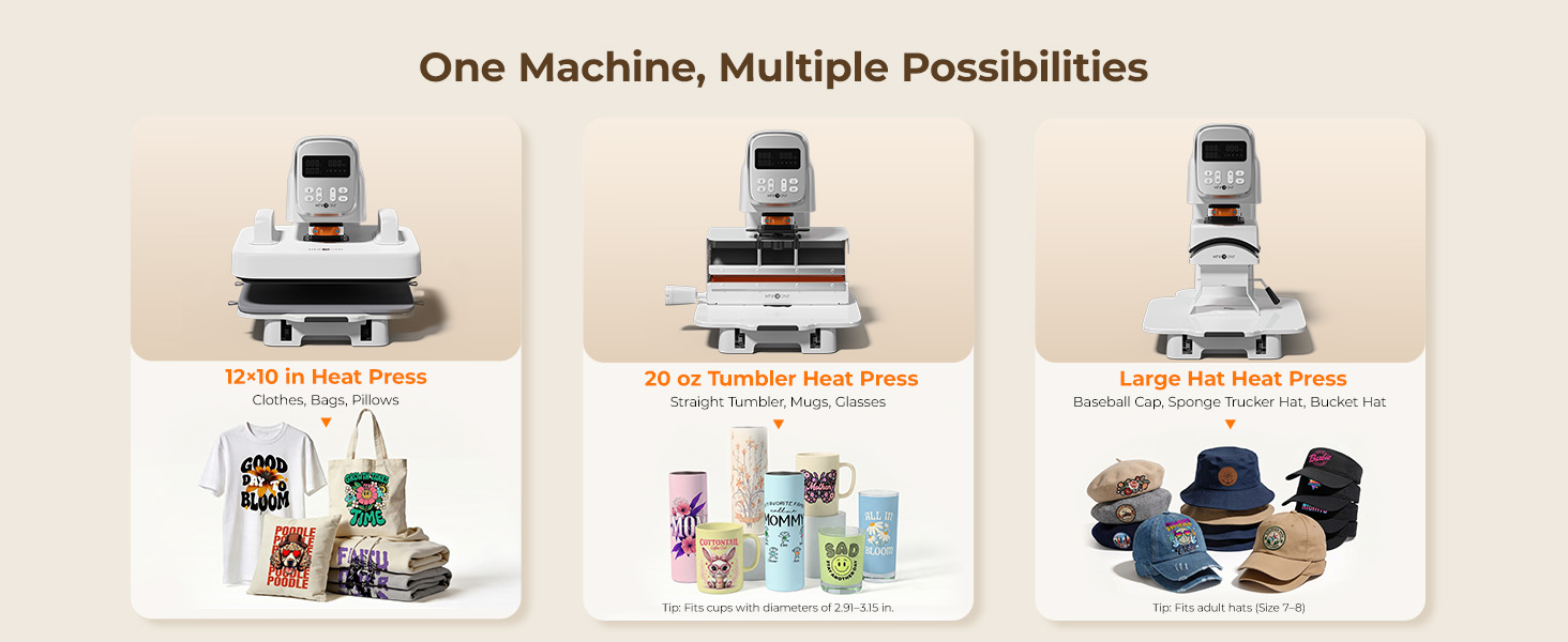 The Auto Multi Heat Press supporting multiple applications including apparel, hats, and drinkware within one machine.